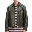 Men's Olive Green Shirt Collar Leather Jacket