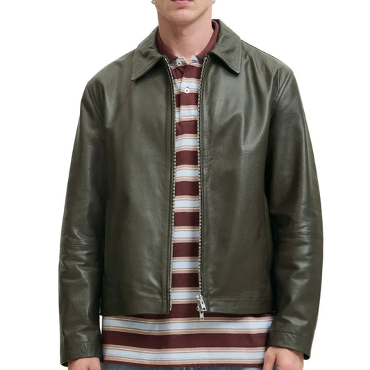 Men's Olive Green Shirt Collar Leather Jacket