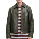 Men's Olive Green Shirt Collar Leather Jacket