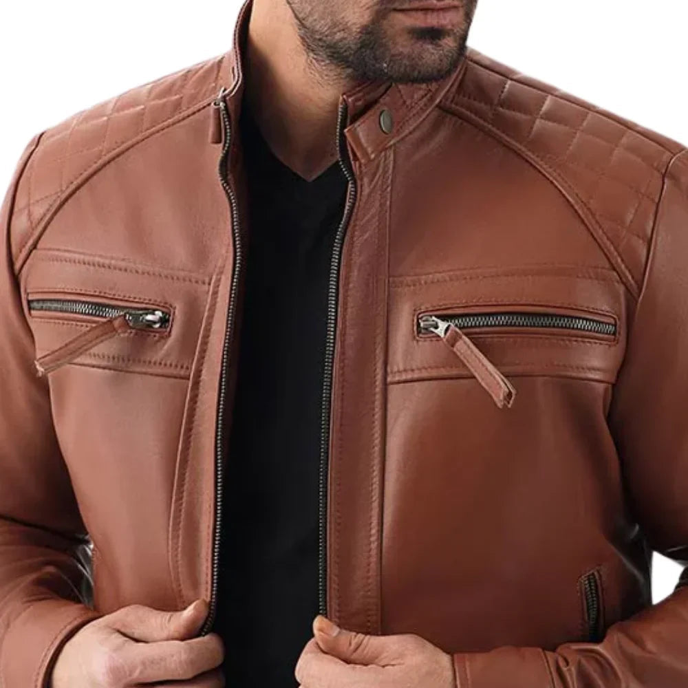 Men's Quilted Shoulders Brown Biker Leather Jacket