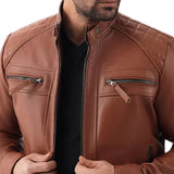 Men's Quilted Shoulders Brown Biker Leather Jacket