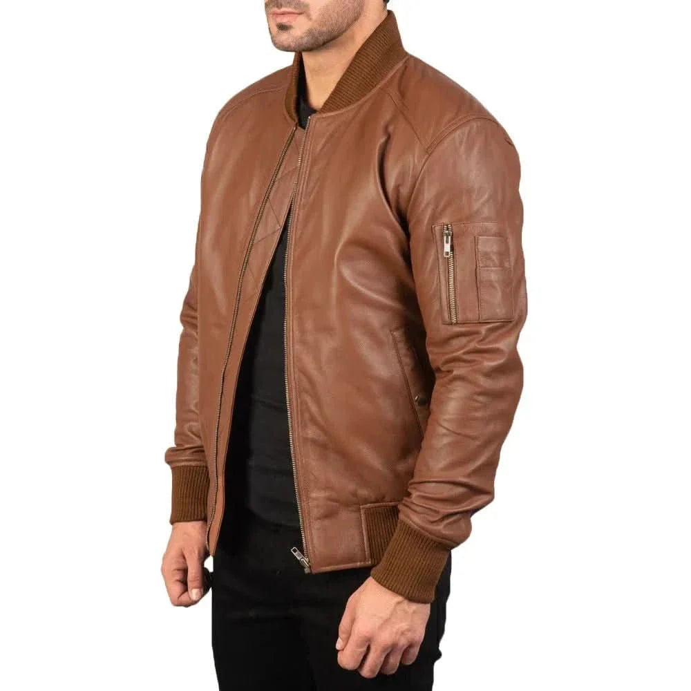 Brown Leather Bomber Jacket For Men's