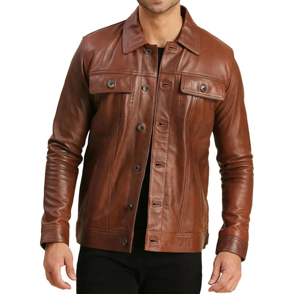 Mens Trucker Real Brown Biker Leather Jacket