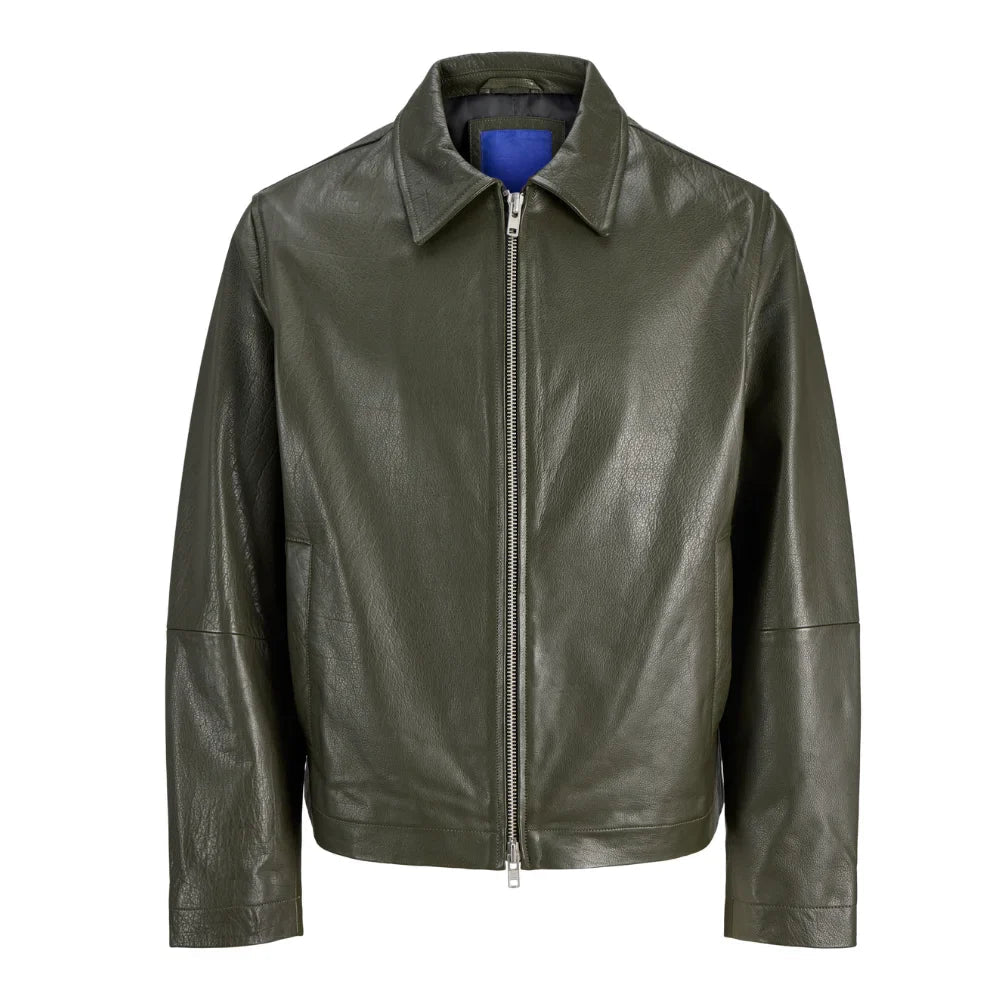 Men's Olive Green Shirt Collar Leather Jacket