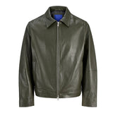 Men's Olive Green Shirt Collar Leather Jacket