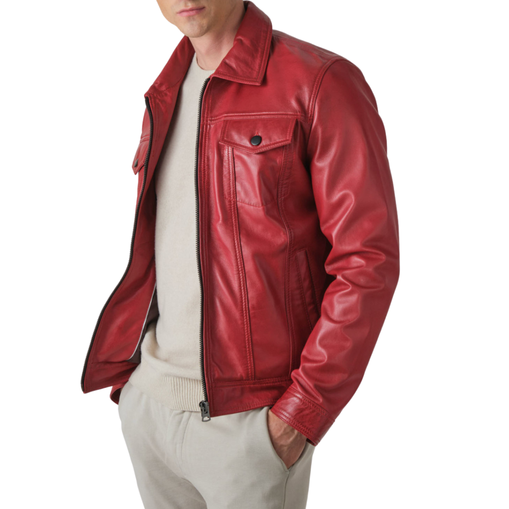 Mens Red Trucker Stye Leather Jacket