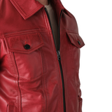 Mens Red Trucker Stye Leather Jacket