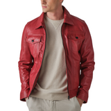 Mens Red Trucker Stye Leather Jacket