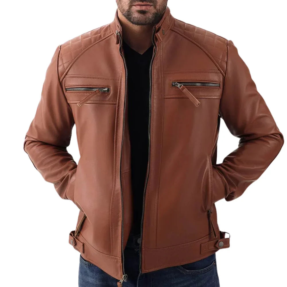 Men's Quilted Shoulders Brown Biker Leather Jacket