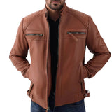 Men's Quilted Shoulders Brown Biker Leather Jacket