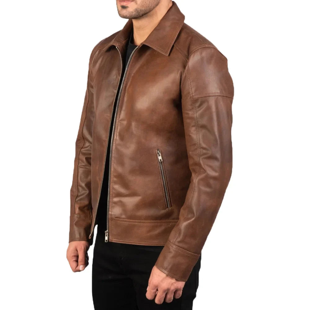 Men's Brown Shirt Collar Biker Leather Jacket