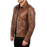 Men's Brown Shirt Collar Biker Leather Jacket