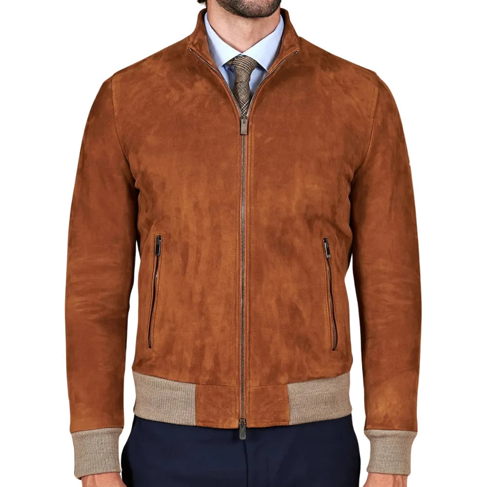 Mens Tan Bomber Suede Leather Jacket