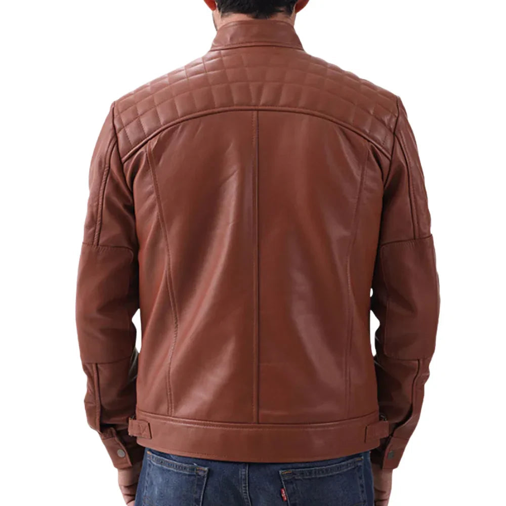 Men's Quilted Shoulders Brown Biker Leather Jacket