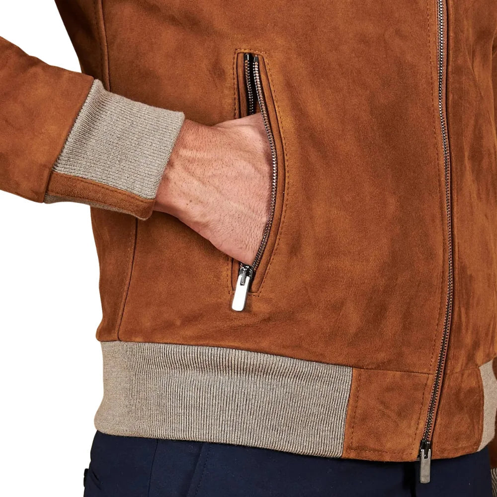 Mens Tan Bomber Suede Leather Jacket