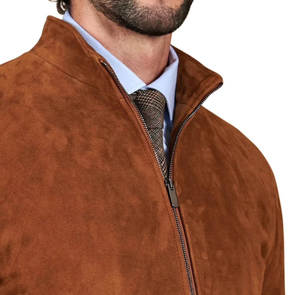 Mens Tan Bomber Suede Leather Jacket