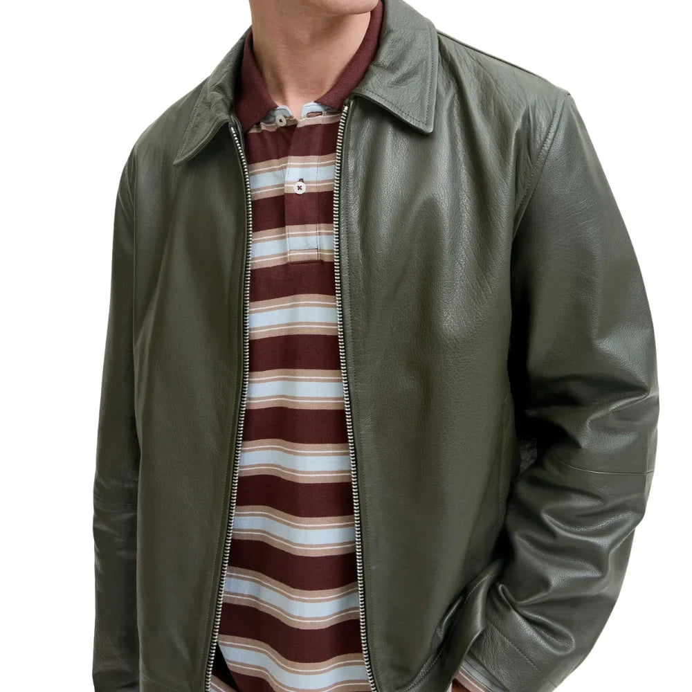 Men's Olive Green Shirt Collar Leather Jacket