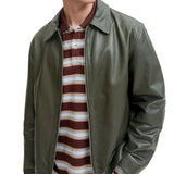 Men's Olive Green Shirt Collar Leather Jacket