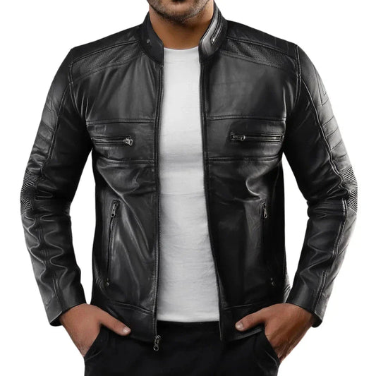 Men's Real Sheepskin Black Cafe Racer Leather Jacket
