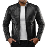 Men's Real Sheepskin Black Cafe Racer Leather Jacket
