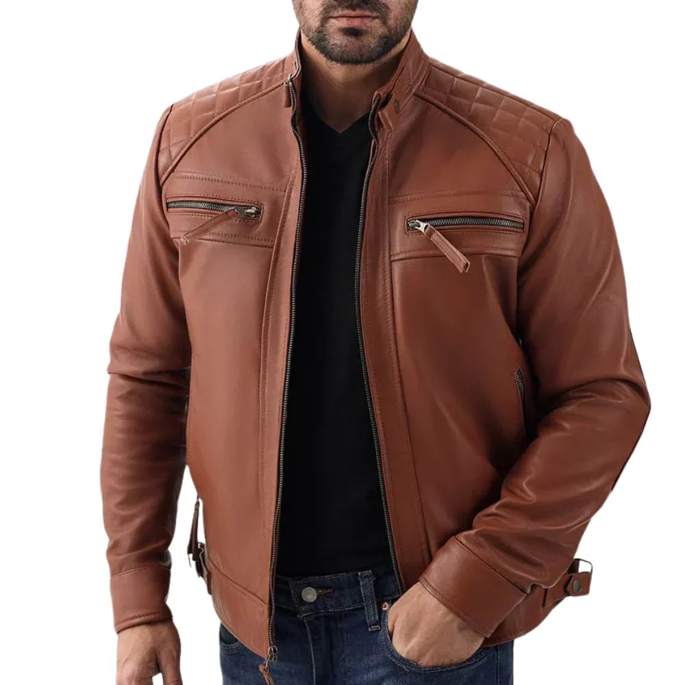 Men's Quilted Shoulders Brown Biker Leather Jacket