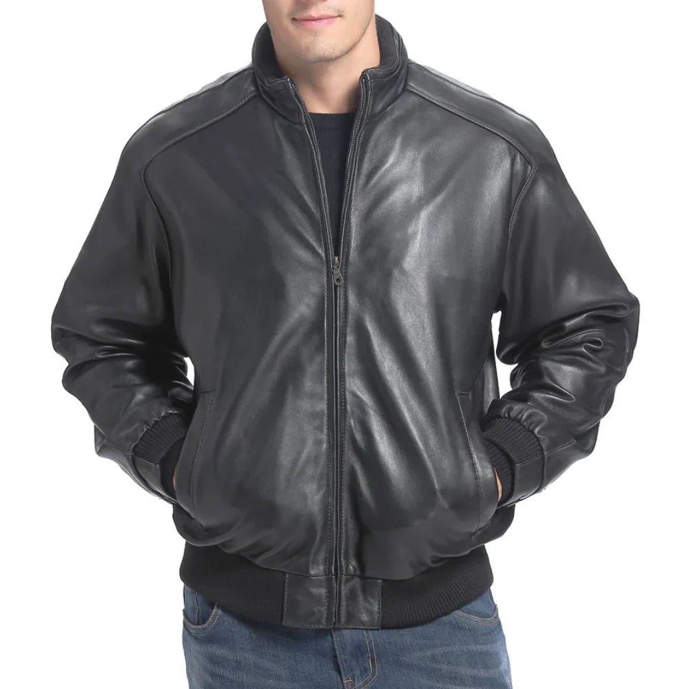 Men's Black Real sheepskin Bomber Leather Jacket