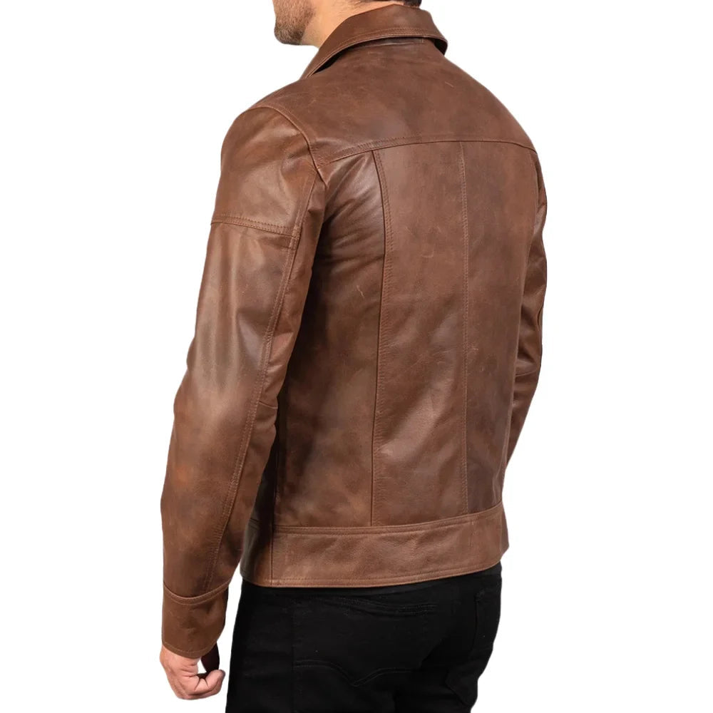Men's Brown Shirt Collar Biker Leather Jacket