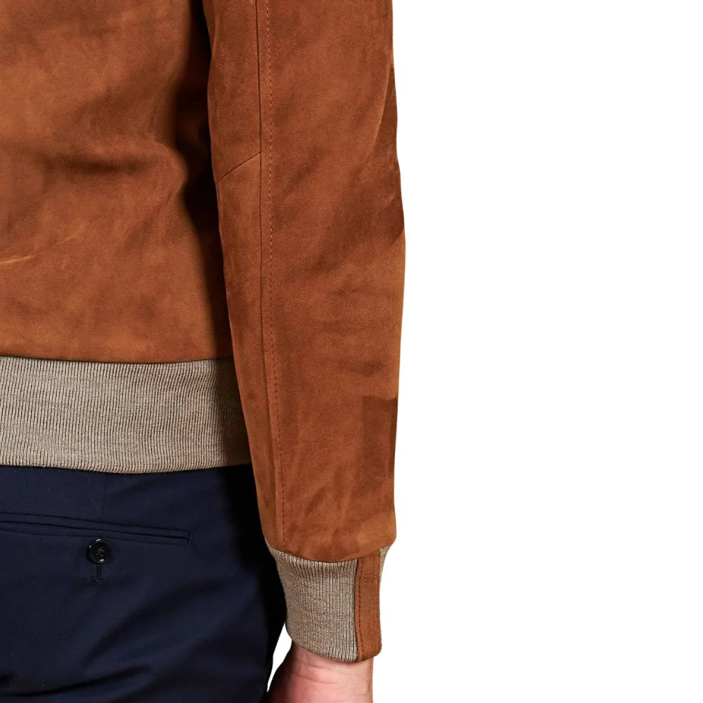 Mens Tan Bomber Suede Leather Jacket