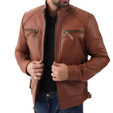Men's Quilted Shoulders Brown Biker Leather Jacket