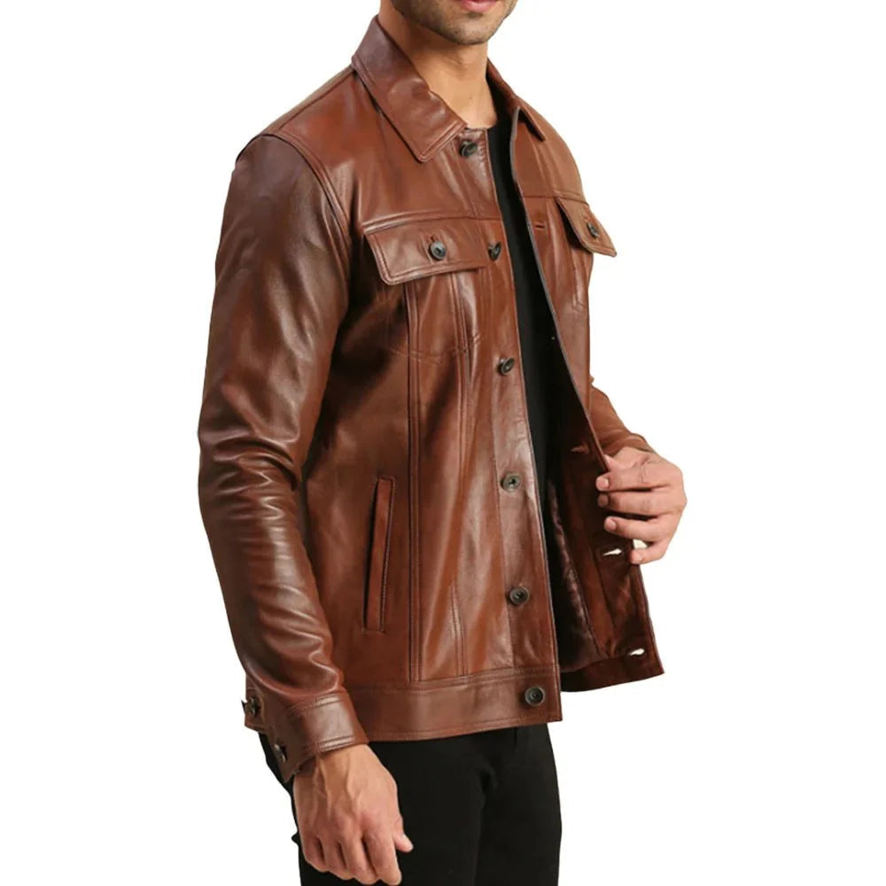 Mens Trucker Real Brown Biker Leather Jacket