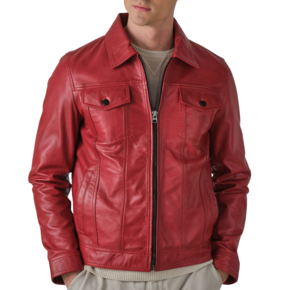 Mens Red Trucker Stye Leather Jacket