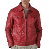 Mens Red Trucker Stye Leather Jacket