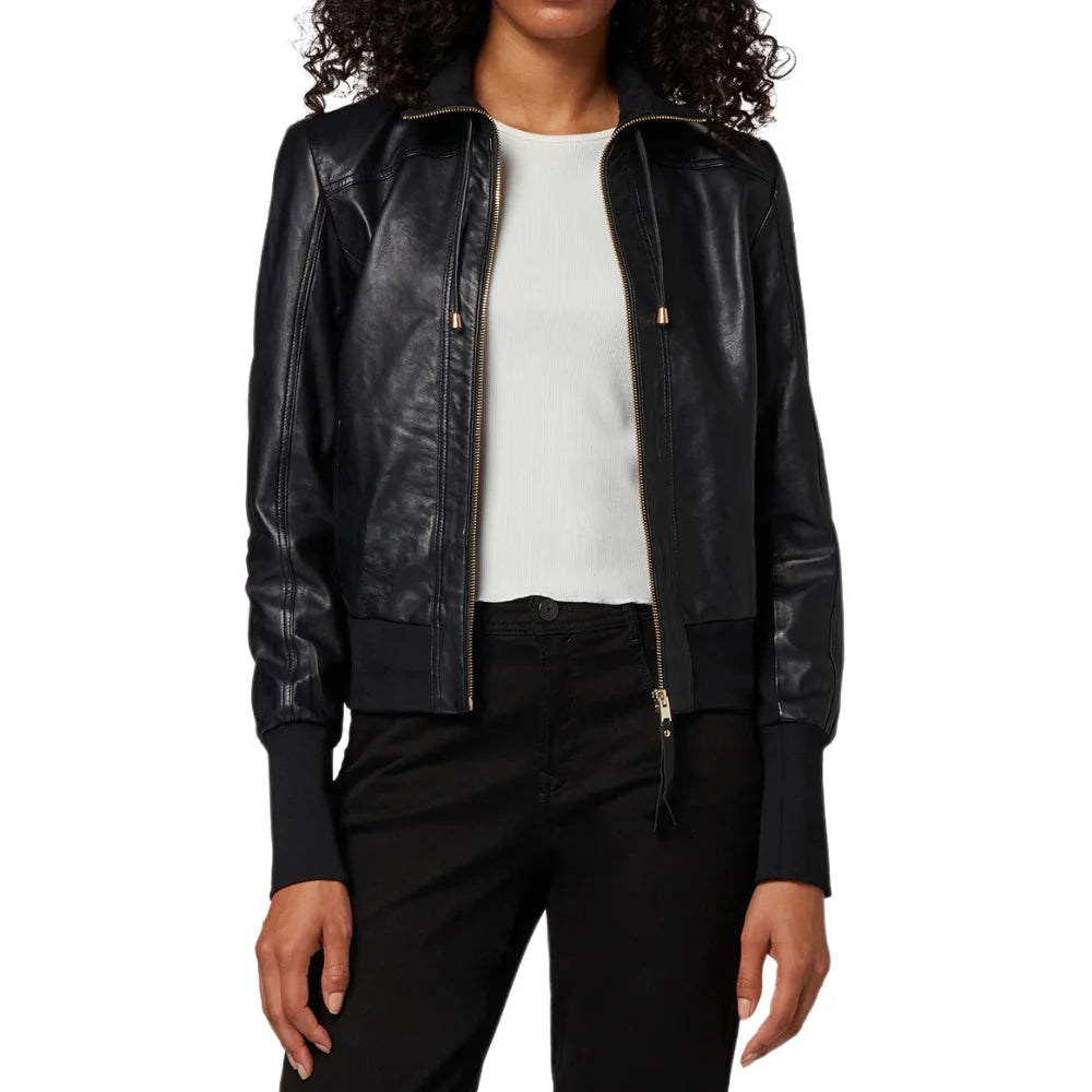Women's Black Bomber High Neck Style Leather Jacket