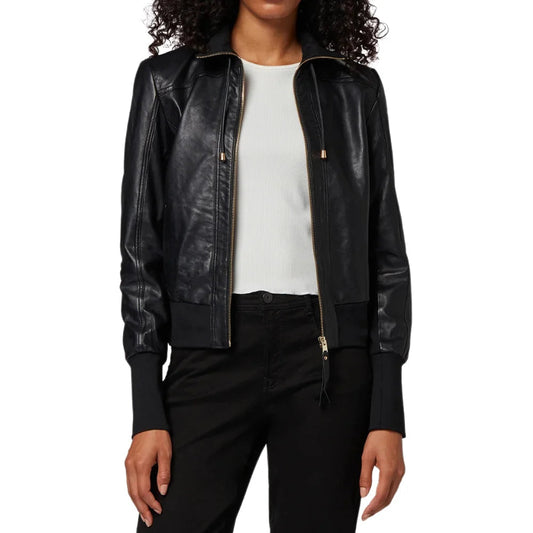 Women's Black Bomber High Neck Style Leather Jacket