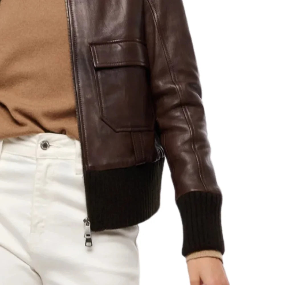 Womens Real Aviator Brown Leather Bomber Jacket