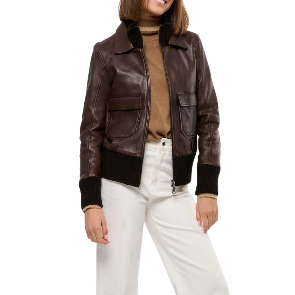 Womens Real Aviator Brown Leather Bomber Jacket