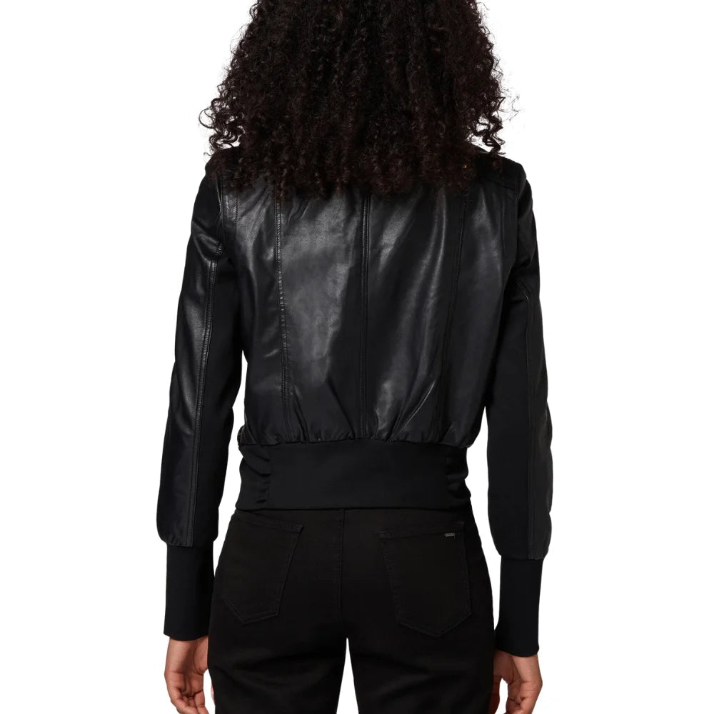 Women's Black Bomber High Neck Style Leather Jacket