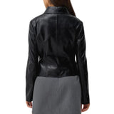 Womens Shirt Collar Black Leather Jacket