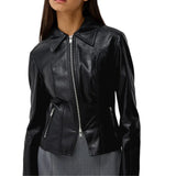 Womens Shirt Collar Black Leather Jacket