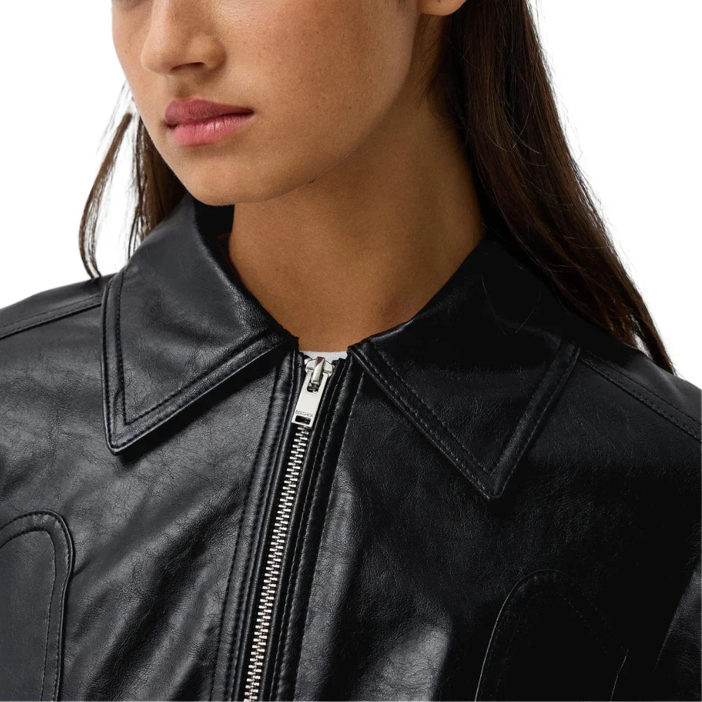 Womens Shirt Collar Black Leather Jacket