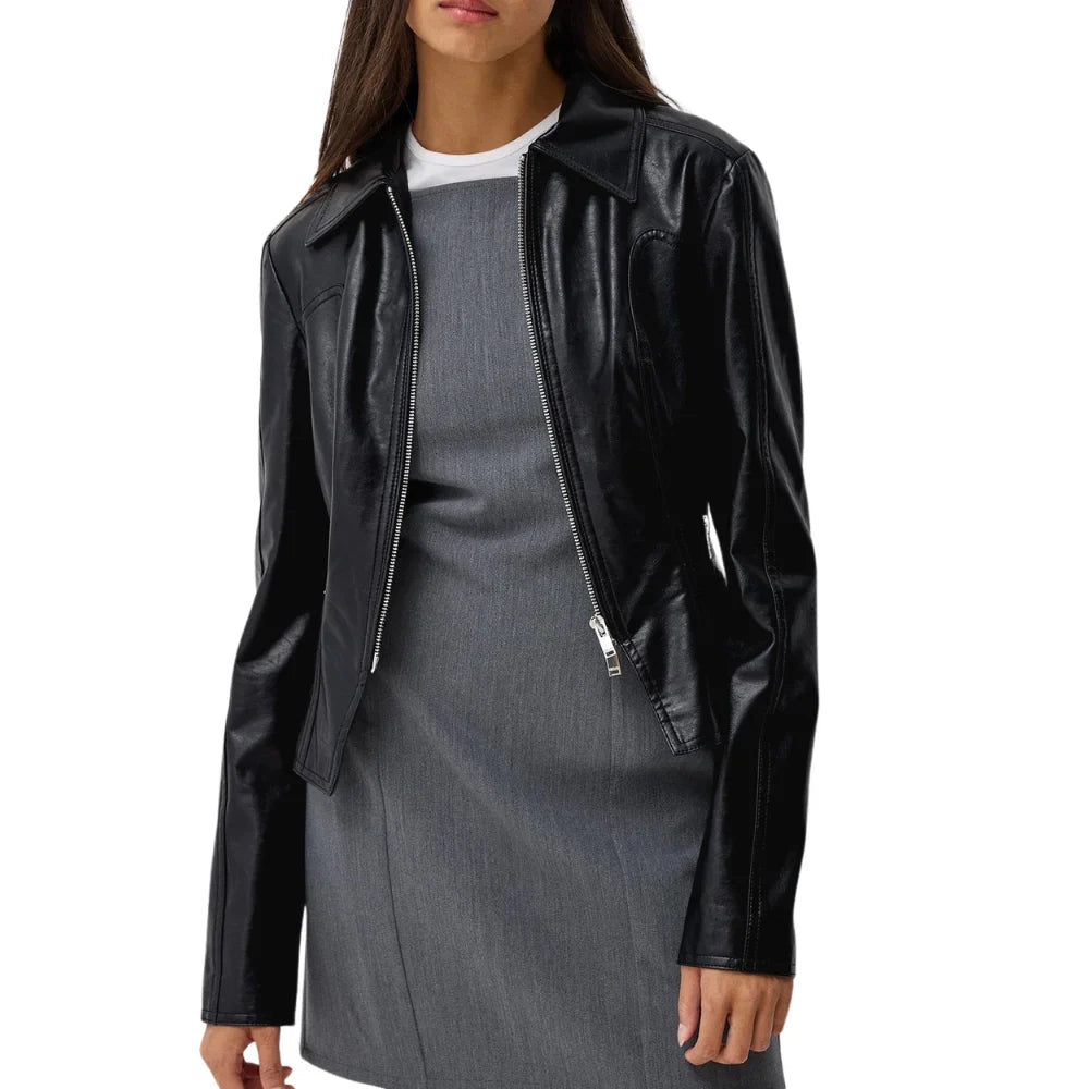 Womens Shirt Collar Black Leather Jacket