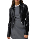 Womens Shirt Collar Black Leather Jacket